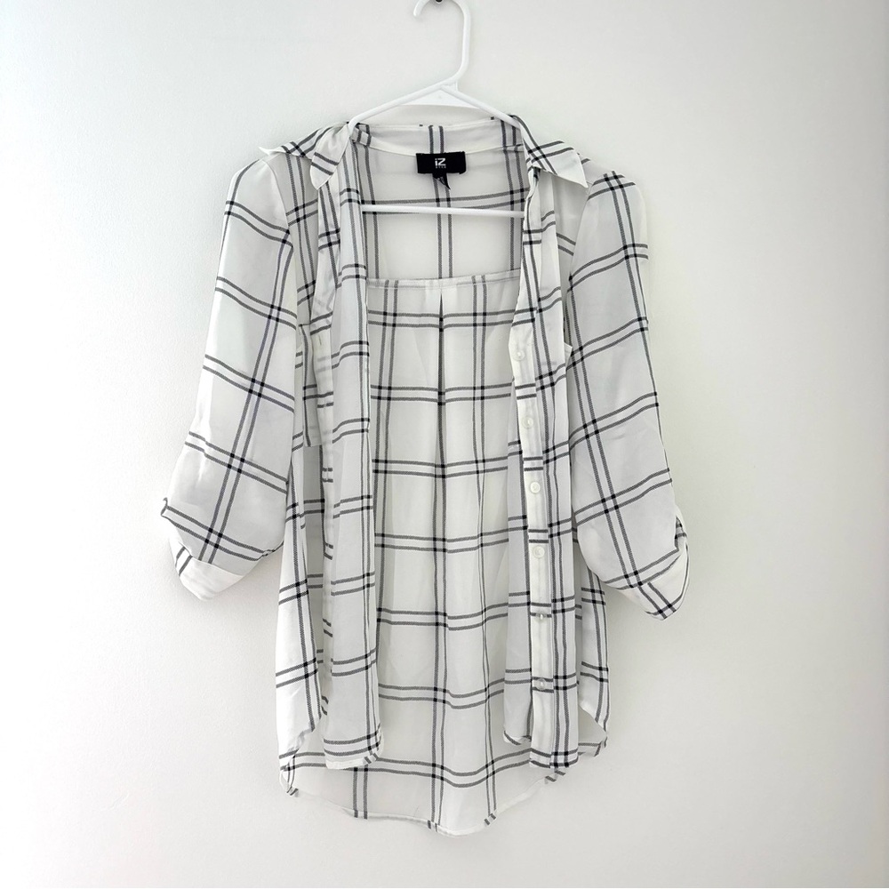 white and black plaid button up top